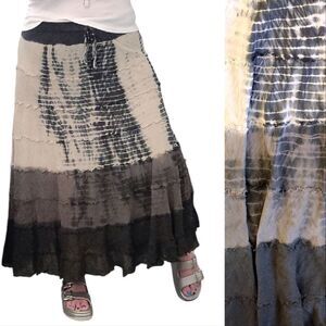 VTG Y2K Black Cream Color Tie Dye Tiered Grunge Cotton Skirt Large